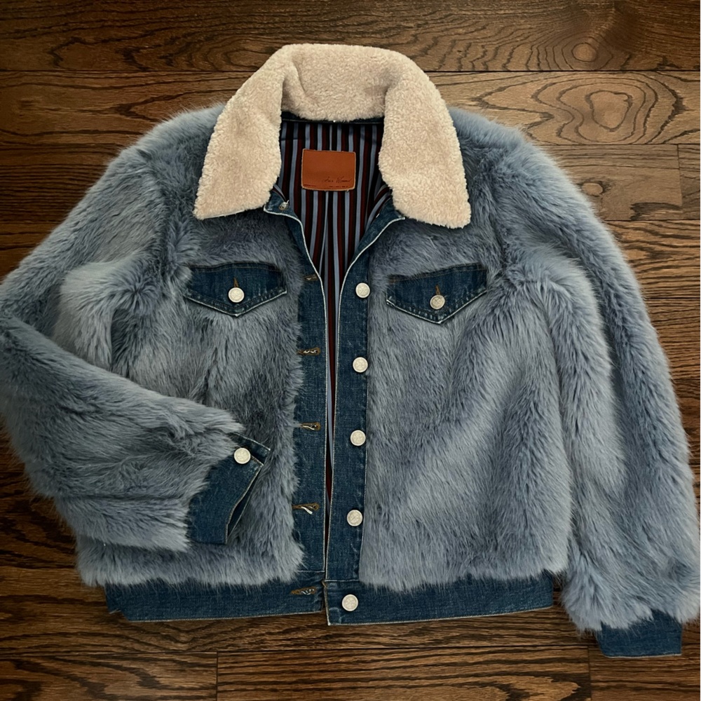 Faux Fur Denim Jacket with Shearling Collar